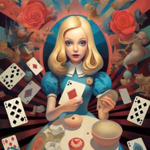 Explosive Odyssey — surrealist fine art print by Alex Mayhew (LEX), Alice in Wonderland inspired mixed-media artwork, Alice collection