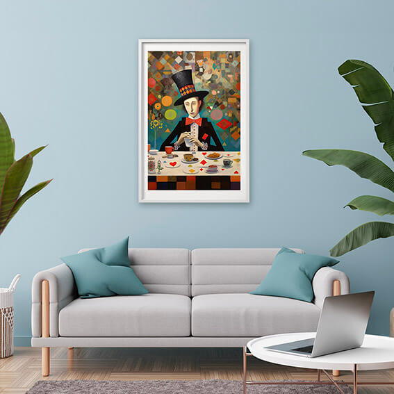 mad hatter white frame blue wall