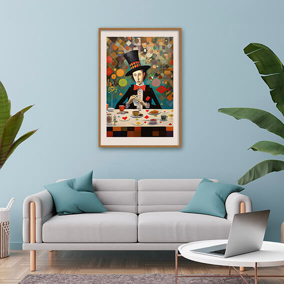 mad hatter wood frame blue wall